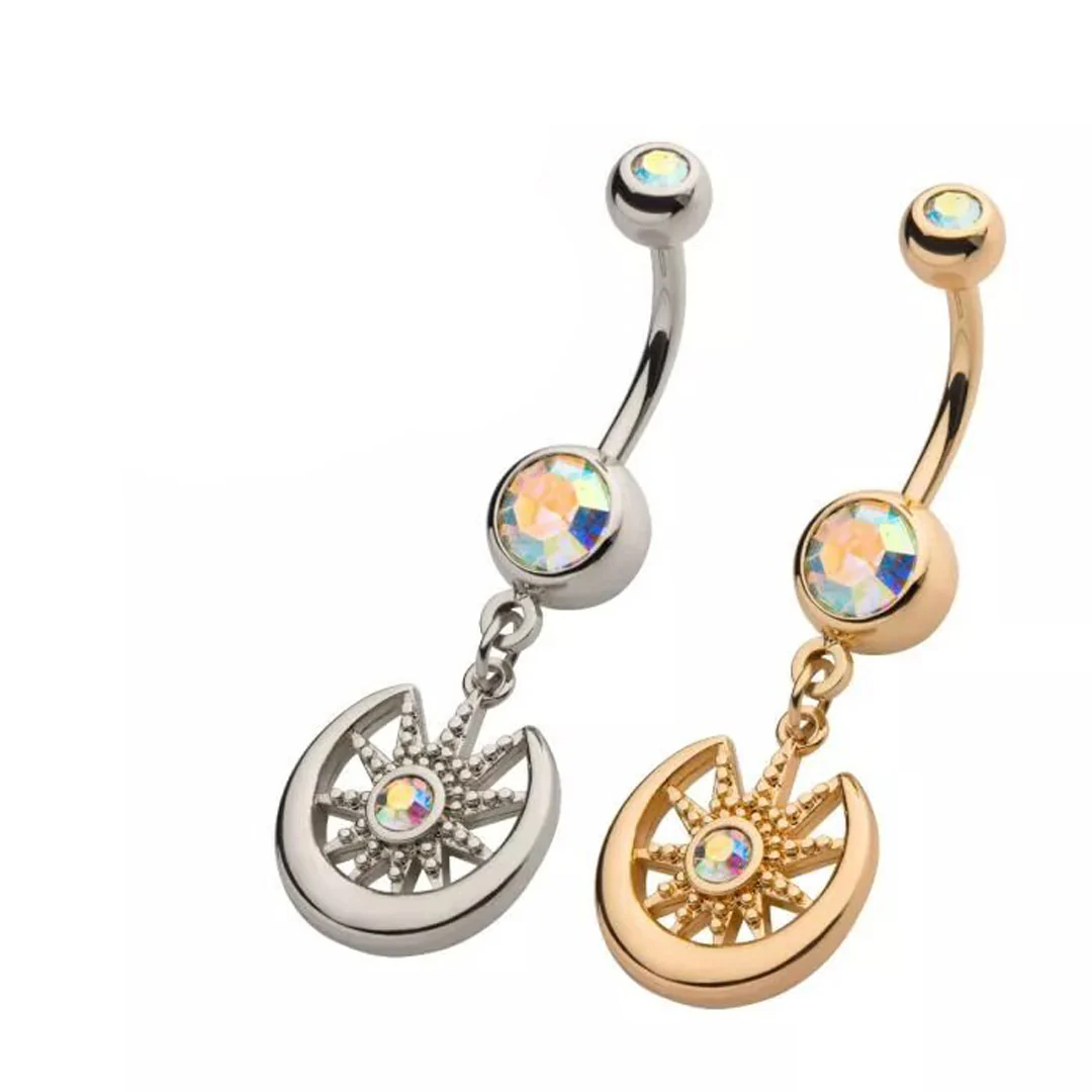 14g Aurora Borealis Moon & Sunburst Dangle Navel Ring - Image 2