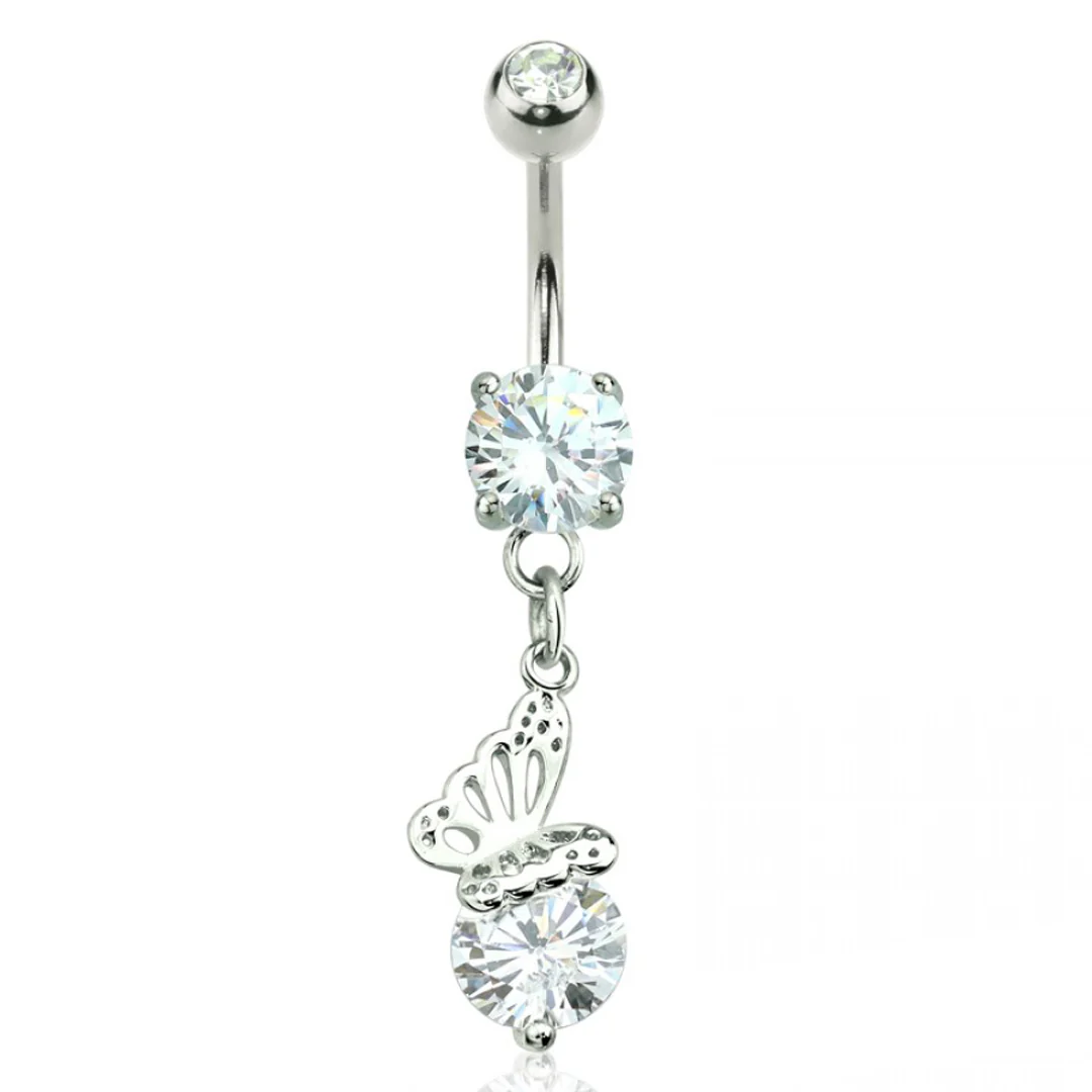 14g Butterfly On Cubic Zirconia Dangle Navel Ring - Image 2