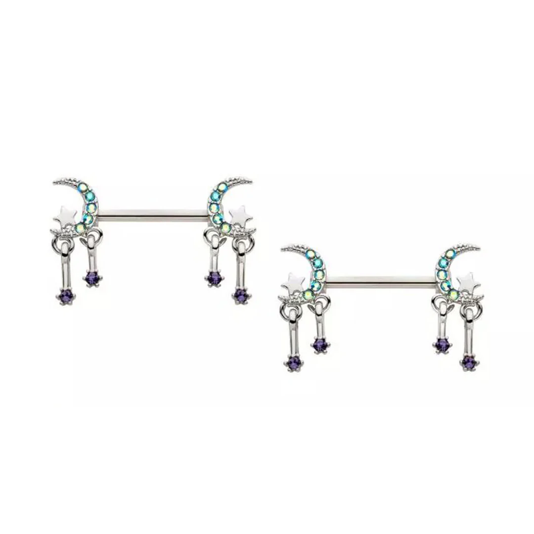 14g Multigem Moon & Star Dangle Nipple Barbell - Pair - Image 2