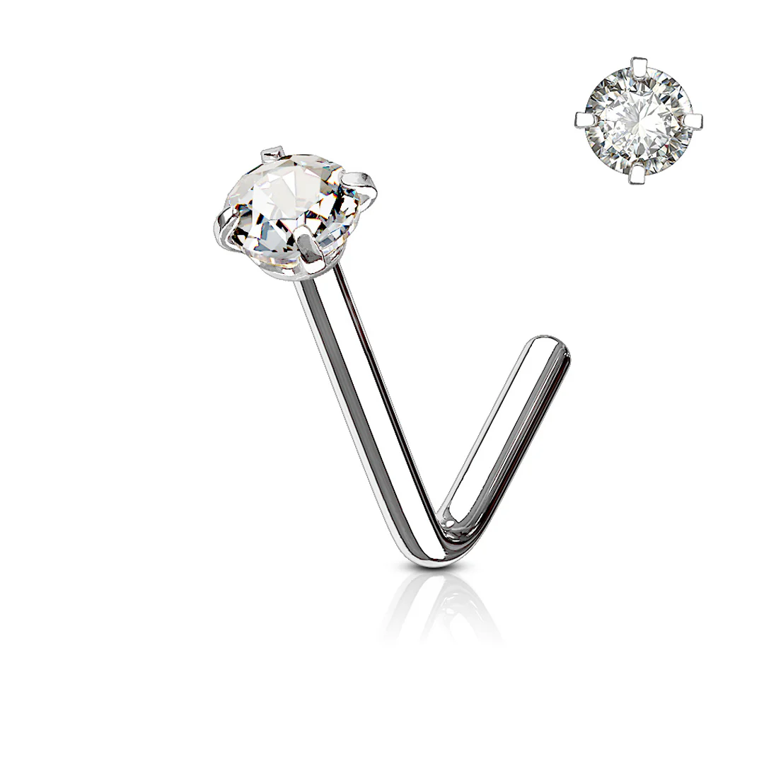 L-Bend 1/4" 20ga 316L Surgical Steel Prong Set Cubic Zirconia Nose Stud - Image 4